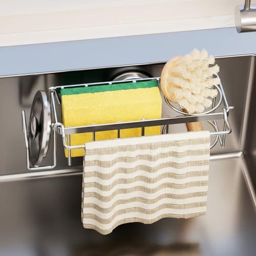 4-in-1 Sink Sponge Holder for Kitchen with Strong Suction Cup-Silver