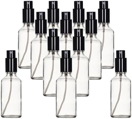 YIZHAO Clear Glass Spray Bottles 2oz, with Small Fine Mist Spray, Metal Cap, Refillable for Essential Oil,Travel,Cleaning,Perfume,Aromatherapy,Makeup – 12 Pcs by YizhaoGlassSprayandDropperBottles