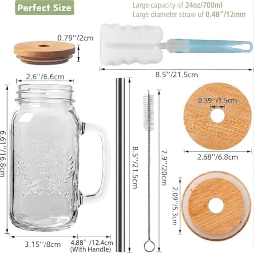4 Pack 24Oz Mason jar cups with lids and straws, Mason Jars with Handle