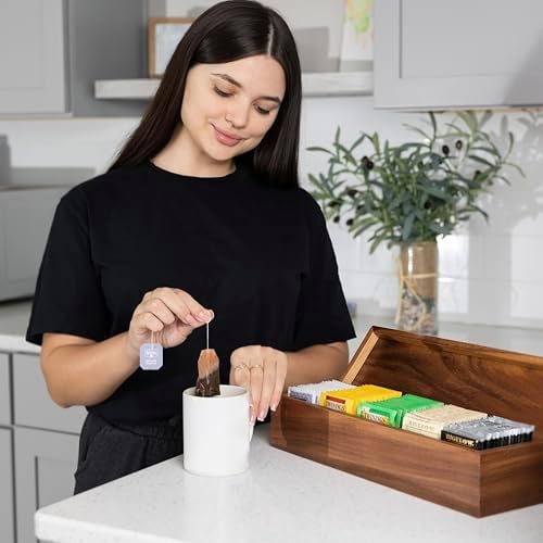 Large 5 Compartment Tea Box, Acacia Wood Tea Bag Organizer With Lid