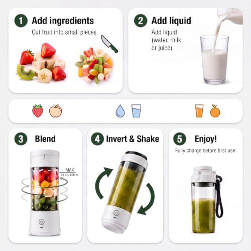 SSKAWorldwide Portable Blender 21oz – Rechargeable and Wireless Mini Personal Blender for Shakes and Smoothies, 4000mAh Battery & 6 Blades for Protein Shakes, Fruit Juicer, Gym & Travel (White) - Image 4