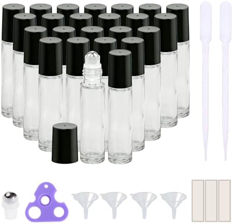 PrettyCare 24 Pack, 10 ml Essential Oil Roller Bottles with Stainless Steel Roller Ball - Refillable Leak-proof Empty Thick Clear Glass Roll on Bottles with Black Caps for Travel, Perfume by PrettyCare
