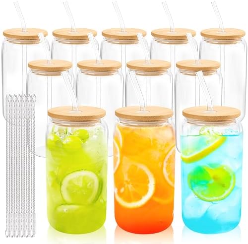 12Pcs Glass Cups with Bamboo Lids and Straws Bulk 16 oz Can Shaped