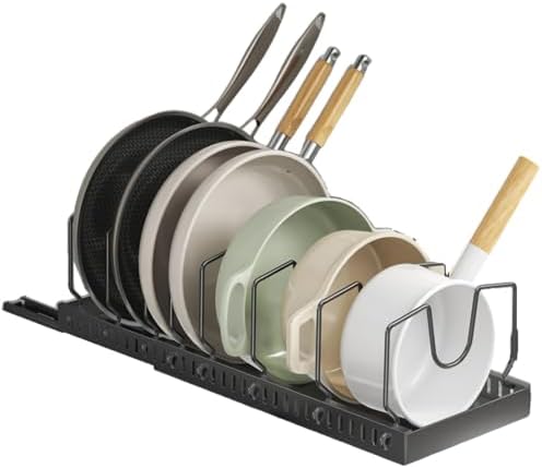 Pots and pans organizer under cabinet,pot lid organizers inside cabinet holders for kitchen,Horizontal and vertical pulling modes,cast iron storage (Black Vertical pull-out)