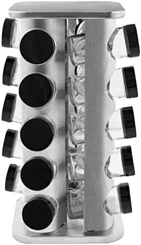 20 Jar Rotating Stainless Steel Spice Rack - No Spices - Black Lids