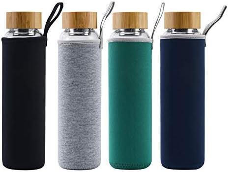Glass Water Bottle 32 oz Wide Mouth with Sleeve Bamboo Lid Motivational Water Bottle With Time Marker Reusable Safe for Hot Cold Drinks Bpa Free (Gray)