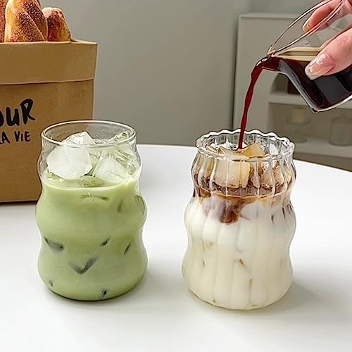 2 Pcs Ribbed Glass Cups 18 Oz Vintage Drinking Glassware Ripple Cocktail Glasses for Iced Coffee Juice Beverage Milk