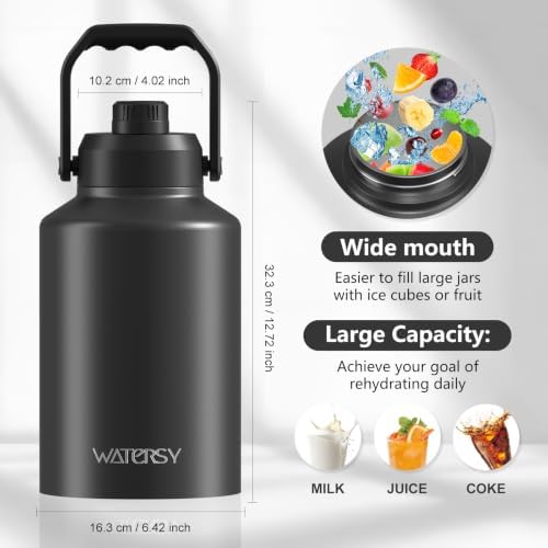 1 Gallon Water Bottle Insulated(Cold for 48 Hrs),BPA Free&Leak Proof,128oz Stainless Steel Water Jug with Handle for Gym,Hiking,Camping&Travel,Black Large Thermo