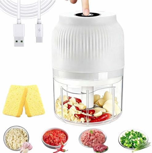 Household Electric Garlic Crusher, 400ml Mini Electric Food Chopper, Portable Mini Food Processor with 6 Blades, Wireless Electric Garlic Chopper for Ginger, Chili, Fruit, Meat, etc (4 Blades White) by Unknown