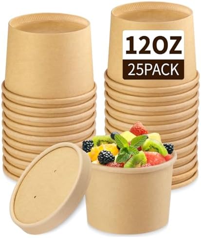 Wuadua 12 oz Disposable Kraft Paper Soup Containers with Lids- 25 Pack by Wuadua
