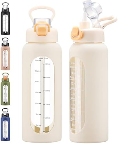 32 oz Glass Water Bolttles with Straw Large Motivational Water Bottle with Time Marker Sports Water Bottles with Silicone Sleeve and Handle Lid Water Jug for Gym Workout