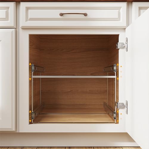 Slide Out Cabinet Organizer for Kitchen, 2 Tier Pull Out Shelves Sliding Cabinet Organizer and Storage, Chrome (16.5" W x 20.5" D)