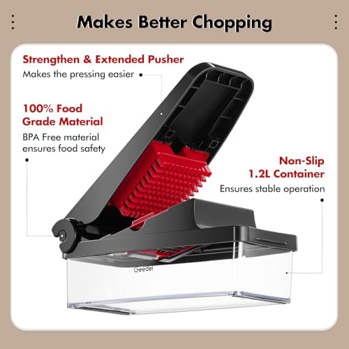 Geedel Vegetable Chopper, Onion Chopper Pro Food Chopper, Kitchen Vegetable Slicer Dicer Cutter Grater, Veggie Chopper with container for Salad Onion Potato Carrot (4 in 1, Red) - Image 2