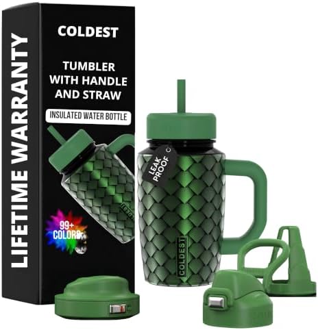 Coldest Tumbler with Handle & Coffee Lid - 100% Spill Proof Tumbler (3 Lids) - Stainless Steel Insulated Leakproof Tumblers for Women & Men - Cup Holder Friendly - 15 oz (Green Dragon) by Coldest