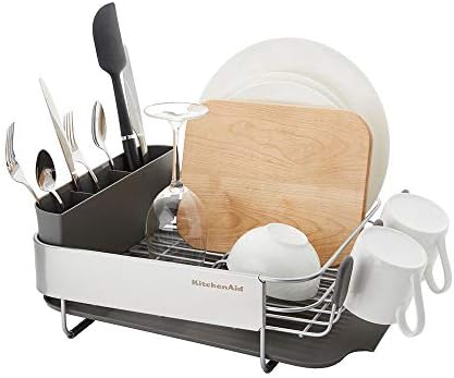 KitchenAid Compact, Space Saving Rust Resistant Dish Rack, with Angled Self Draining Drain Board and Removable Flatware Caddy, 16.06-Inch, Gray
