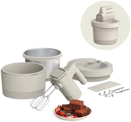 bella 3.5 Qt Hand & Stand Mixer, 2 in 1 Electric Mixer with Bowl, Dough Hook, Whisk & Egg Beater, Multifunctional Handheld Mixer for Baking, 200 Watt, Oatmilk by bella