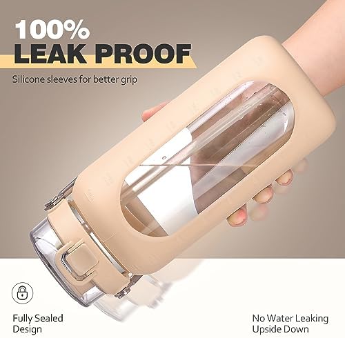 64oz Water Bottle Glass with Stainless Steel Handle Large Water Bottle with Time Markers and Silicone Sleeve Half Gallon Water Jug BPA Free for Gym Daily Use, Amber
