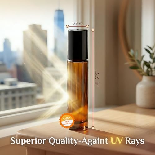 PrettyCare Set of 120, Bulk 10 ml Essential Oil Roller Bottles with Stainless Steel Roller Ball - Refillable Leak-proof Empty Thick Amber Glass Roll on Bottles with Black Caps for Travel, Perfume - Image 3