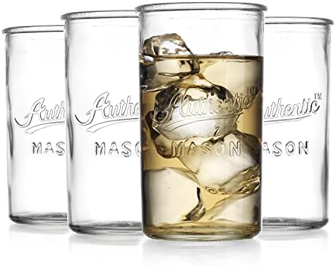 Drinking Glasses – Set of 4 Authentic Mason Vintage Glassware – Clear Glass Tumblers for Cocktails, Water, Juice – Embossed Vintage Drinking Glasses