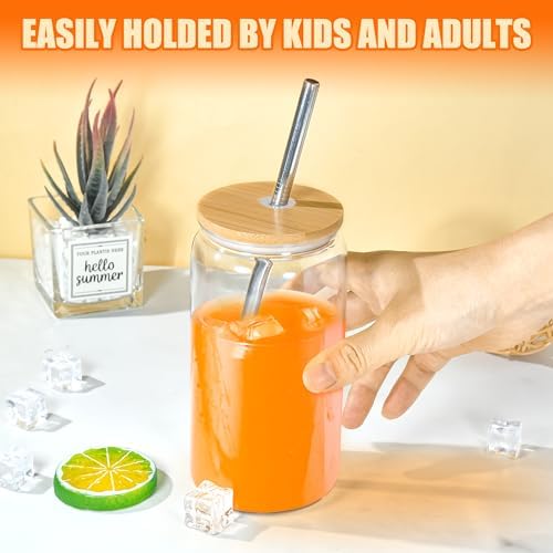 16oz Acrylic Mason Jar Cups, Clear Cups with Bamboo Lids and Straws, Iced Coffee Cup Drinking Glass Tumbler for Whiskey, Soda, Tea, Juice, Gift, 6pcs