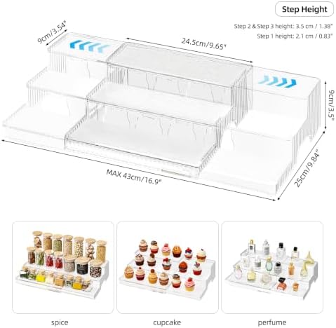 3-Tier Expandable Clear Spice Rack Organizer 2 Pack Adjustable Tiered Seasoning Shelf with Non-Slip Textured Surface, Multi-Purpose Cabinet Organizer for Kitchen Pantry Countertop Vanity