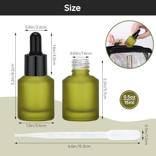 Segbeauty 0.5oz Frosted Glass Dropper Bottles for Oils, 15ml Eye Dropper Bottle Refillable, 4pcs Green Essential Oil Bottles Empty, Liquid Travel Containers for Toiletries, Mini Travel Face Oil Bottle - Image 3