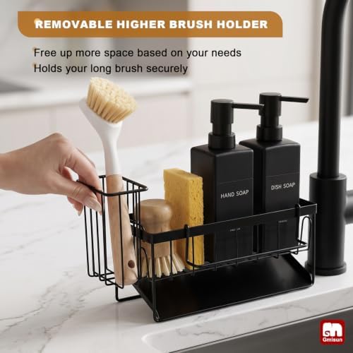 Dish Soap Dispenser, 12 fl oz / 350 ml Dual Kitchen Soap Dispensers with Sponge Holder, Customized Matte Black Kitchen Soap Dispenser Set, Modern Hand and Dish Soap Bottle Set Removable