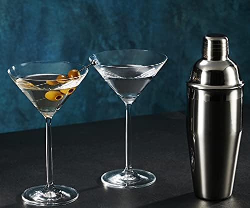 Cocktail Shaker Set and Martini Glasses Bar Set, Stainless Martini Shaker with Stemmed Cocktail Glasses and Double Jigger, 4 Piece Gift Set
