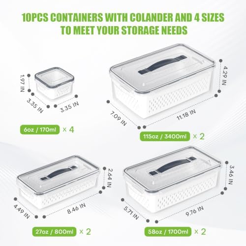 10Pack Fruit Storage Containers for Fridge with Colander and Lids