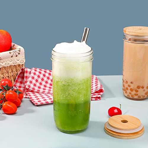 4 Pack Reusable Tea Cups, Glass Jars 24oz Wide Mouth Smoothie Cups with Bamboo Lids and Silver Straws, Drinking Glass Bubble Tea Cups for Iced Coffee Travel Bottle