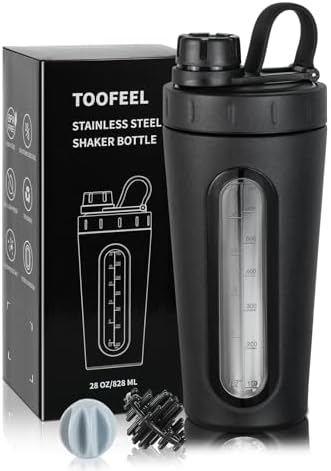 Stainless Steel Shaker - 28 oz Metal Cup for Protein Shakes, 2 Whisk Balls, Not Stays Cold/Hot, Visible Window, Gym Workout Leakproof