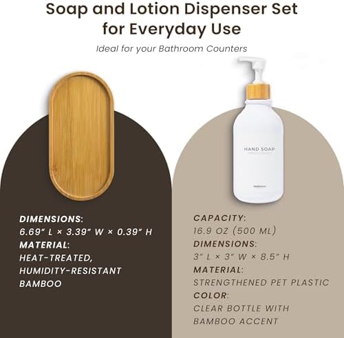 Soap Dispenser Bathroom Set of 2-16.9 oz Bathroom Soap Dispenser Set - White Plastic Bottles x 2 with White Bamboo Pumps & Tray