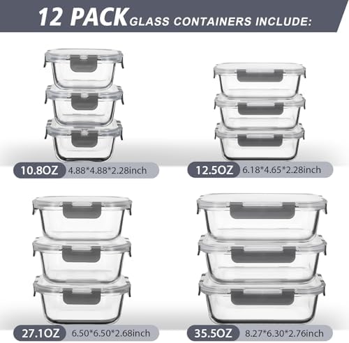 12 Pack Glass Meal Prep Containers Set, Airtight Snap Lids, 4 Sizes