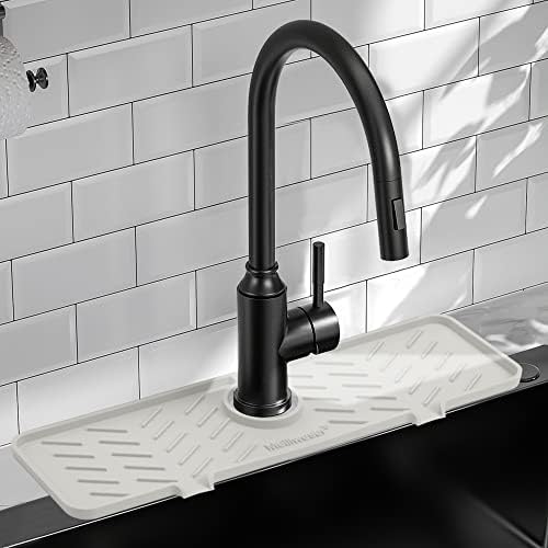 Silicone Faucet Mat for Kitchen Sink – Gen 2 Splash Guard with Upgraded Outlet & Slope – 18” x 5.1” Water Catcher & Sink Sponge Holder for Kitchen and Bathroom (Beige)