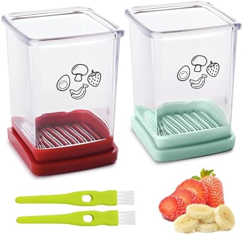 2 Pcs Cup Slicer, Stainless Steel Strawberry & Banana Slicer, Speed Fruit Cutter with Push Plate, Quickly Making Salad, Must Have Kitchen Gadget (Cyan+Red) by ERHIRY