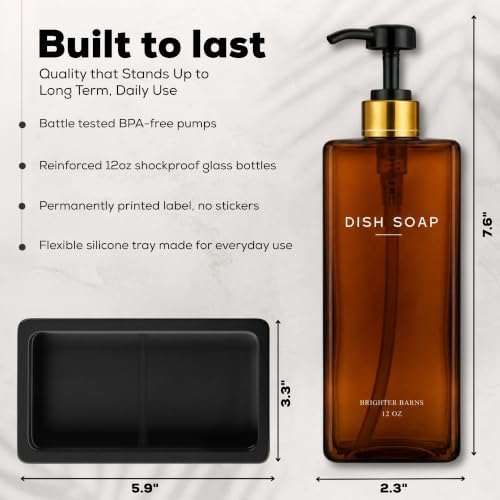 Amber Glass Hand and Dish Soap Dispenser Set - 12oz Kitchen Soap Dispenser Set with Tray and Pump for Kitchen Sink - Organic Modern Home Decor for Restaurants, Hotel, Gifts (Amber)