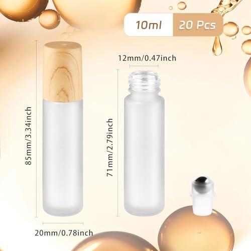 20 Pack 10ml White Frosted Glass Roller Bottles with Wood Grain Caps Roll-On Containers for Skincare and Liquid Blends - Image 2