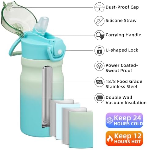 BJPKPK 14 oz Insulated Water Bottle, Straw, Handle, Stainless Steel Flask - Image 2