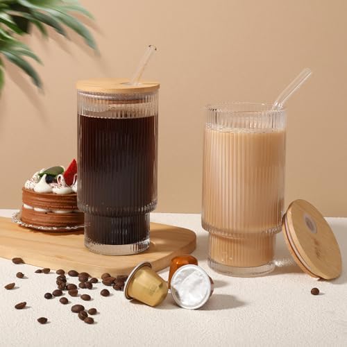 Glass Cups with Bamboo Lids and Straws - 16 oz Reusable