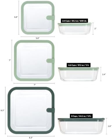 Glass Food Storage Containers, Set of 3 - Airtight Vacuum Sealed Steam Vent Lids - Square Borosilicate Glass Dishes with Ombre Green Lids - Assorted Sizes for Meal Prep & Leftovers, Sage