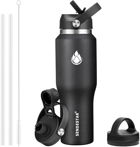 40oz Stainless Steel Water Bottle(Cold for 48 Hrs, Hot for 24 Hrs),Double Wall Vacuum Insulated Bottle with Straw Lid, Spout Lid and Flex Cap, Fit in Any Car Cup Holder,Black
