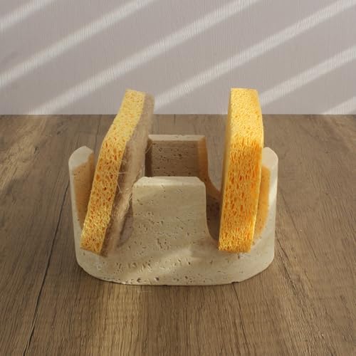 Natural Travertine Marble 2-in-1 Sponge Holder for Kitchen Sink - Heavy Duty Stone Sink Caddy, 2-Slot Scrubber Organizer for Scrub Daddy with Anti-Slip Pads, Housewarming Gift, Beige Travertine