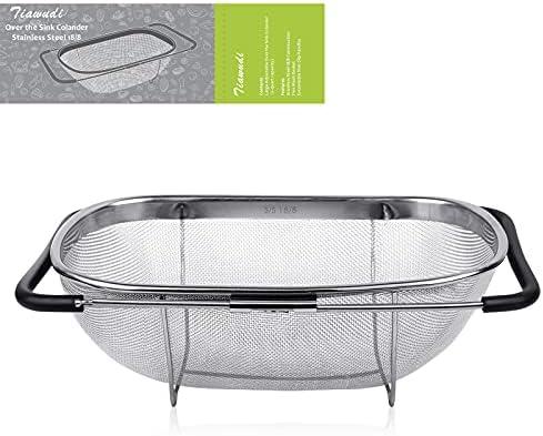 6-Quart Large Over The Sink Colander, Heavy Duty 40% Thicker 18/8 Stainless Steel Fine Mesh Strainer Basket with Expandable Rubber Grip Handles - Strain, Drain, Rinse Fruits, Vegetables