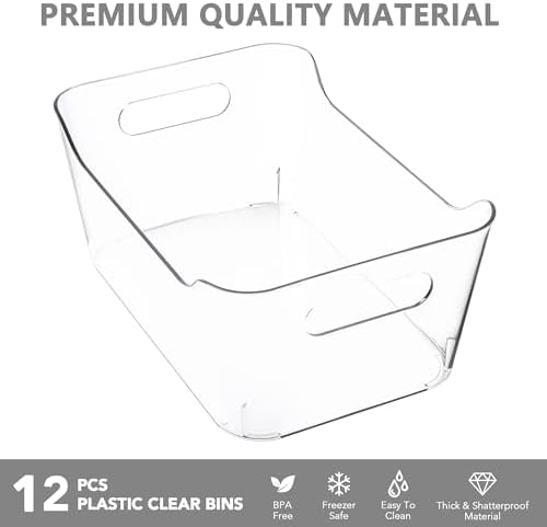 12 Pack Plastic Storage Bins, Multi-Use Organizer Bins, Pantry Organizer, Clear Storage Containers for Home, Kitchen, Office, Cabinet, Shelf and Fridge Organization