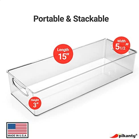 Clear Refrigerator Organizer Bin with Handles — 15 Inch Stackable Fridge and Pantry Storage Container for Snacks, Produce, Cans, Yogurt, Condiments, Dishwasher and Freezer Safe, Made in USA