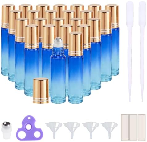 PrettyCare 24 Pack, 10 ml Essential Oil Roller Bottles with Stainless Steel Roller Ball - Refillable Leak-proof Empty Thick Blue& Yellow Glass Roll on Bottles with Golden Caps for Travel, Perfume by PrettyCare