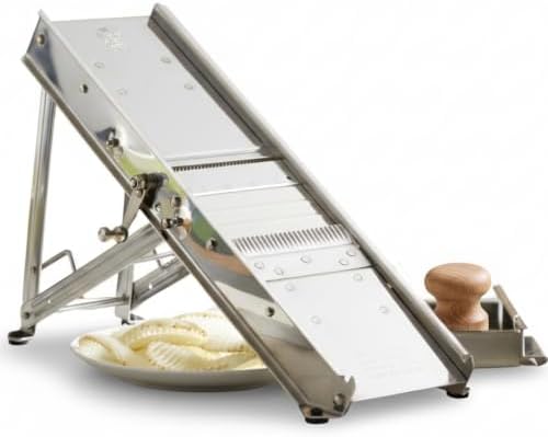 ICO by Bron Coucke Professional Mandoline Slicer by Tellier with Hand Guard – Heavy Duty Stainless Steel Mandoline Slicer – Adjustable Built-in Straight, Julienne, & Crinkle Blades – Crafted in France by ICO