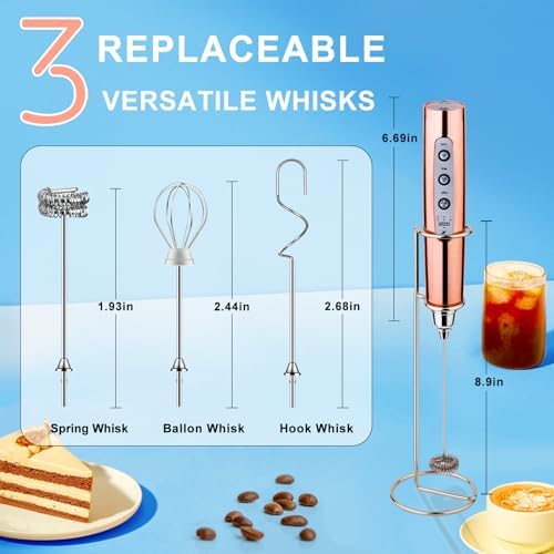 YUSWKO Handheld Milk Frother Wand for Coffee, Rechargeable Electric Whisk with 3 Heads 3 Speeds Drink Mixer Coffee Frother For Latte, Cappuccino, Hot Chocolate, Egg, Rose Gold with Holder - Image 4