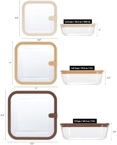Glass Food Storage Containers, Set of 3 - Airtight Vacuum Sealed Steam Vent Lids - Square Borosilicate Glass Dishes with Ombre Green Lids - Assorted Sizes for Meal Prep & Leftovers, Brown