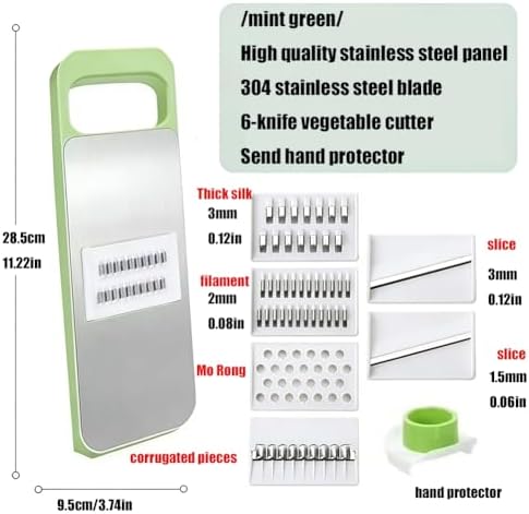 Kitchen Mandoline Slicer, Adjustable Vegetable Slicer, Potato Shredder, Tomato Slicer, Vegetable Cutter, Stainless Steel Professional with Safety Gloves green 2pcs - Image 7